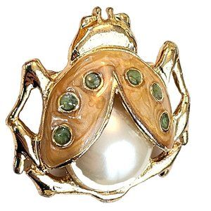 Insect Beetle Brooch Pearlized Enamel Faux Pearl Peach Pink Green Gold-Tone Pin